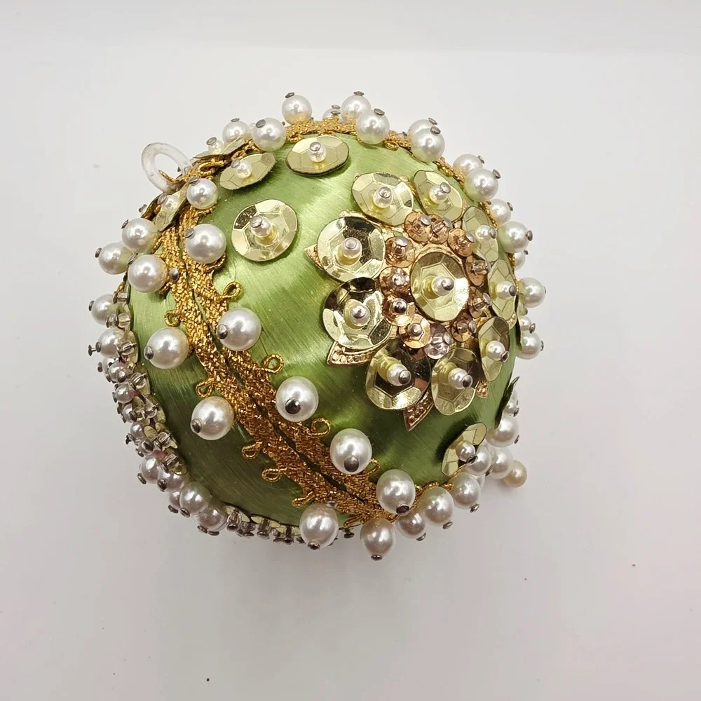 Vintage Sequin Beaded Push-Pin Christmas Ornament Round Green Gold Sparkle 3.5